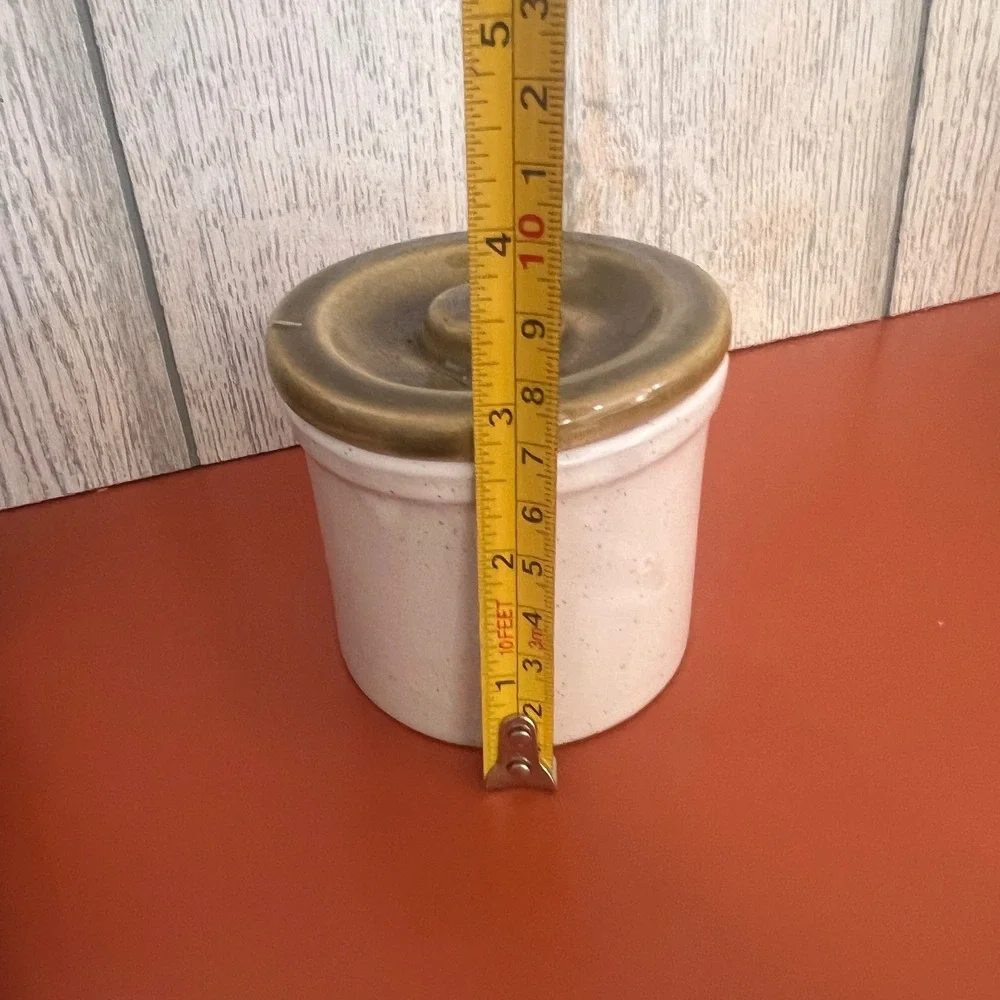 Vintage Ceramic Stoneware Crock with Lid Speckled Cream and Olive Green 4 Inch